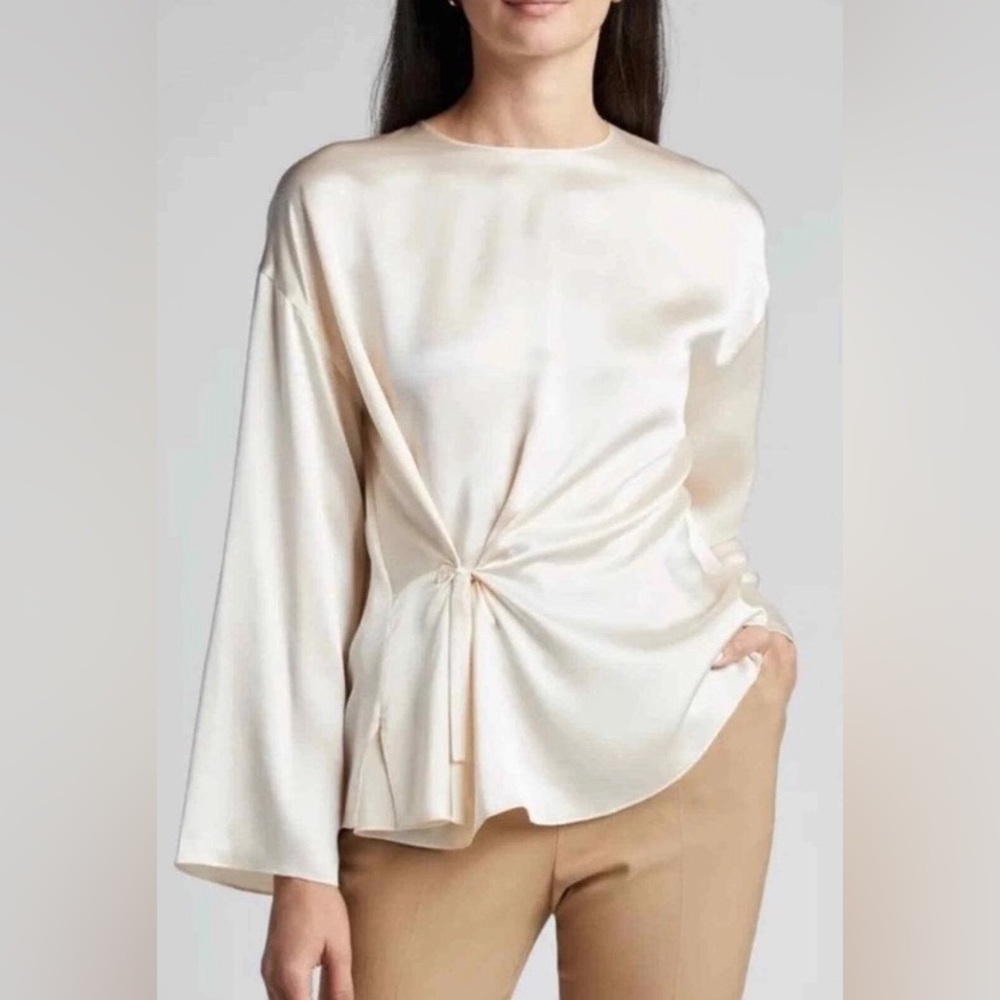 NWOT Vince XXS Silk Knot Tie Front Detail Long Sleeves Cream Ivory Blouse
